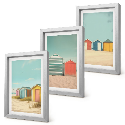 Triptyk tavla med ram Färgglada strandhus i sommarsolen