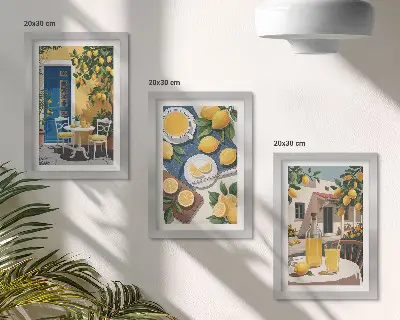 Tavelvägg med 3 tavlor lemonad med italiensk utsikt och solig uteplats