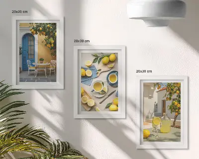 Posterpaket med motiv av citroner, lemonad och blå dörrar i sommarvy