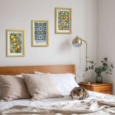 Triptyk tavla med ram Citrus och färgglada abstrakta mönster affischer