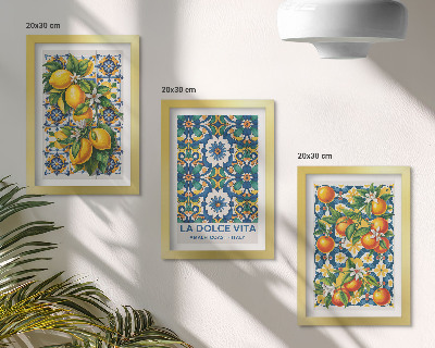 Triptyk tavla med ram Citrus och färgglada abstrakta mönster affischer