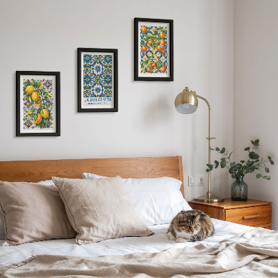 Triptyk tavla med ram Citrus och färgglada abstrakta mönster affischer