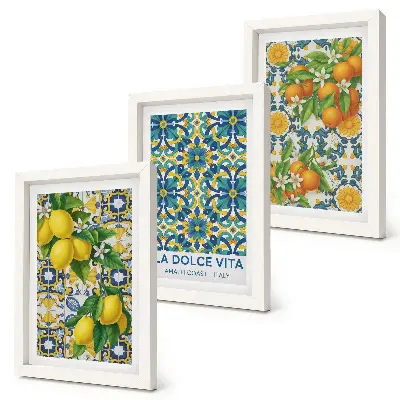 Tavelvägg med 3 tavlor med motiv av citronblommor och apelsiner i italiensk stil
