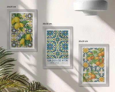 Tavelvägg med 3 tavlor med motiv av citronblommor och apelsiner i italiensk stil