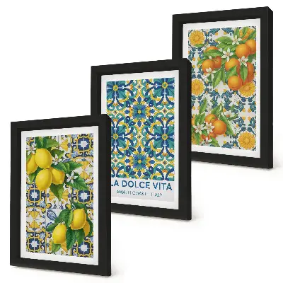 Tavelvägg med 3 tavlor med motiv av citronblommor och apelsiner i italiensk stil
