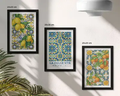 Tavelvägg med 3 tavlor med motiv av citronblommor och apelsiner i italiensk stil