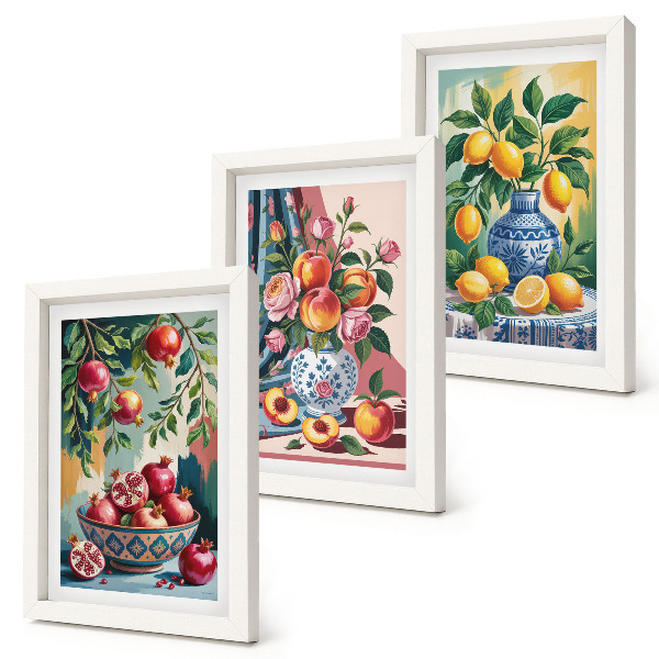 Triptyk tavla med ram Målade blommor och frukt i vaser