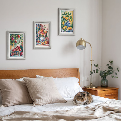 Triptyk tavla med ram Målade blommor och frukt i vaser