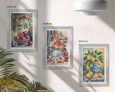 Triptyk tavla med ram Målade blommor och frukt i vaser