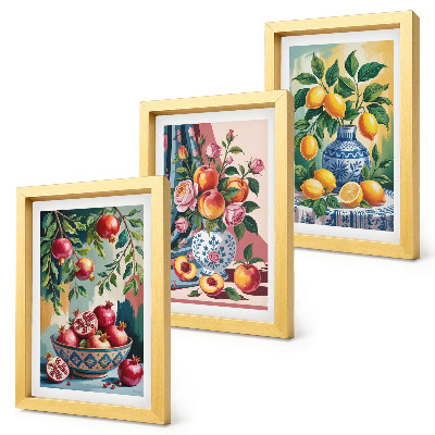 Triptyk tavla med ram Målade blommor och frukt i vaser