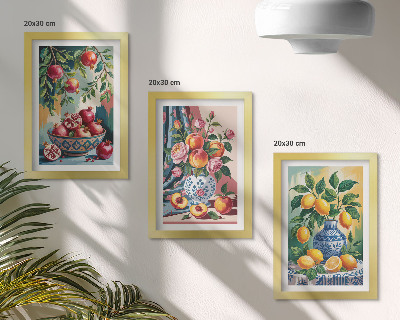 Triptyk tavla med ram Målade blommor och frukt i vaser