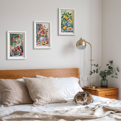 Triptyk tavla med ram Målade blommor och frukt i vaser
