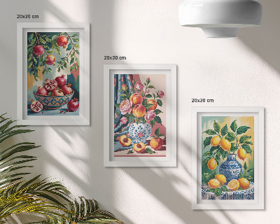 Triptyk tavla med ram Målade blommor och frukt i vaser