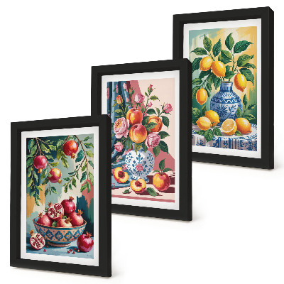 Triptyk tavla med ram Målade blommor och frukt i vaser