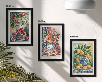 Triptyk tavla med ram Målade blommor och frukt i vaser