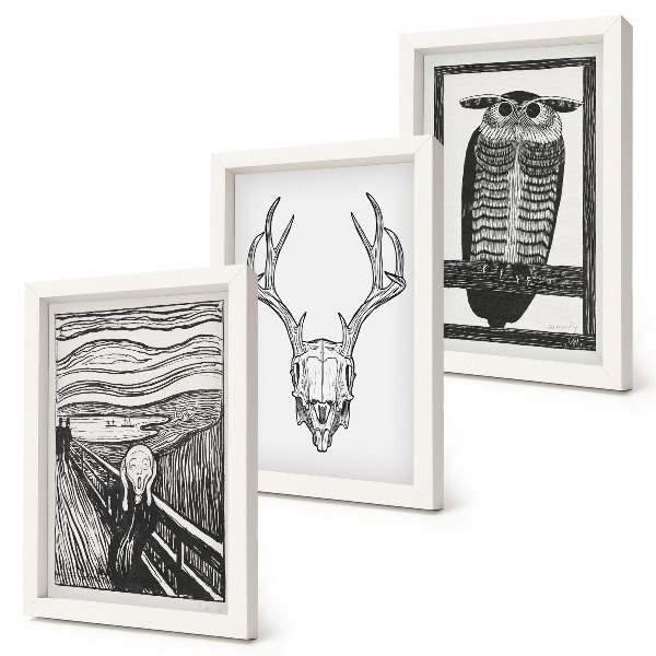 Posterpaket Inspirerad av Scream-bilden med en skalle och uggla i grafisk stil