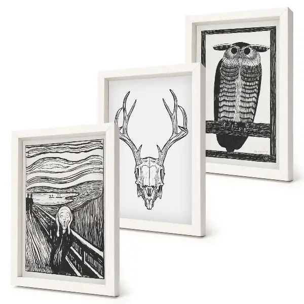 Posterpaket inspirerad av Scream med skalle och uggla i grafisk stil