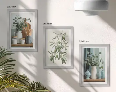 Triptyk med gröna oliver och eukalyptusgrenar tavla med ram