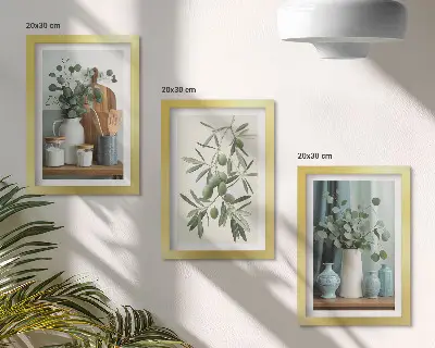 Triptyk med gröna oliver och eukalyptusgrenar tavla med ram