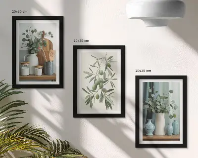 Triptyk med gröna oliver och eukalyptusgrenar tavla med ram