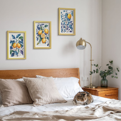 Tavelvägg med 3 tavlor Citroner på grenar med blå blad