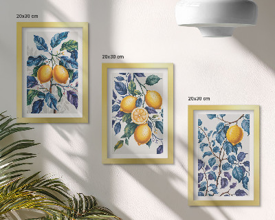Tavelvägg med 3 tavlor Citroner på grenar med blå blad