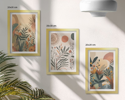Triptyk tavla med ram Växtmotiv i dämpade färger med cirklar