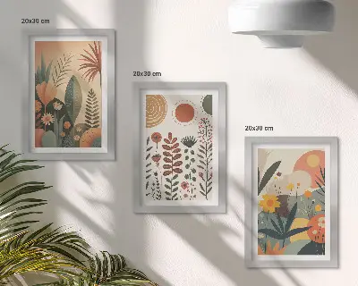 Posterpaket med boho-inspirerade växtmönster i varma nyanser