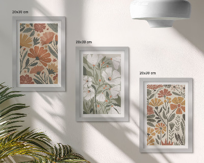 Triptyk tavla med ram Blommönster i nyanser av orange och grönt