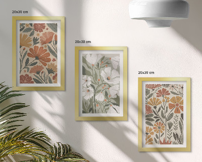 Triptyk tavla med ram Blommönster i nyanser av orange och grönt