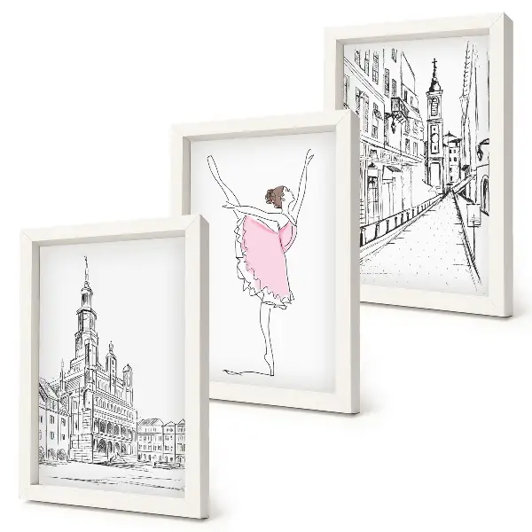 Tavelvägg med 3 tavlor med snygga motiv av dansande ballerinor och arkitektur