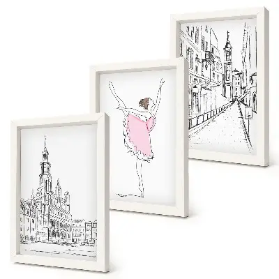 Tavelvägg med 3 tavlor med snygga motiv av dansande ballerinor och arkitektur