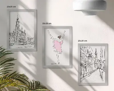 Tavelvägg med 3 tavlor med snygga motiv av dansande ballerinor och arkitektur