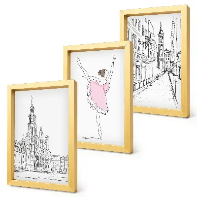 Tavelvägg med 3 tavlor med snygga motiv av dansande ballerinor och arkitektur