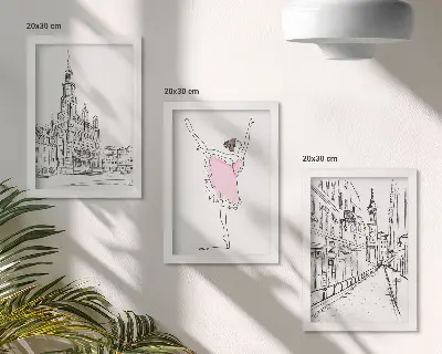 Tavelvägg med 3 tavlor med snygga motiv av dansande ballerinor och arkitektur