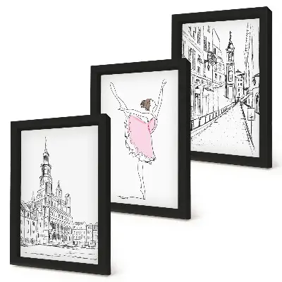 Tavelvägg med 3 tavlor med snygga motiv av dansande ballerinor och arkitektur