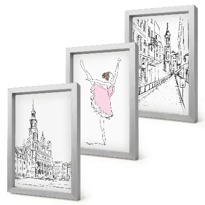Tavelvägg med 3 tavlor med snygga motiv av dansande ballerinor och arkitektur