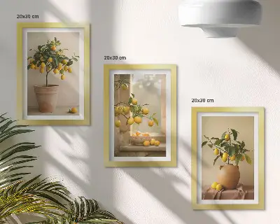 Triptyk med citronträd i krukor tavla med ram