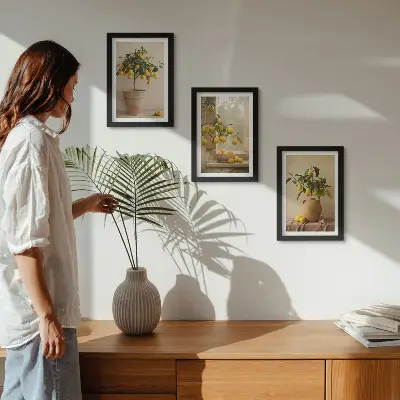 Triptyk med citronträd i krukor tavla med ram