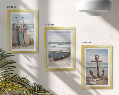 Posterpaket En strand med en roddbåt och ett ankare i sanden