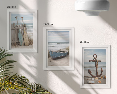 Posterpaket En strand med en roddbåt och ett ankare i sanden