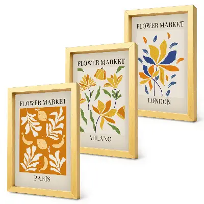 Blommiga posters i set om tre triptyk med motiv från Paris, Milano och London inklusive ram
