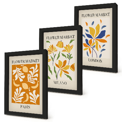 Triptyk tavla med ram Blommiga posters Paris Milano London