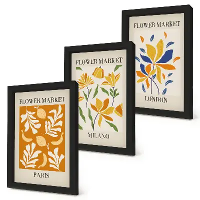 Blommiga posters i set om tre triptyk med motiv från Paris, Milano och London inklusive ram