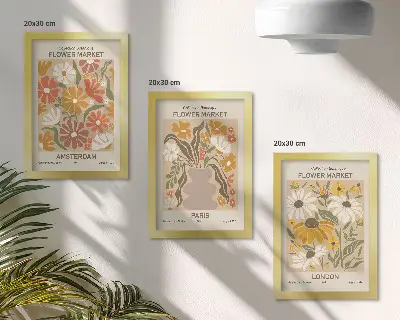 Tavelvägg med 3 tavlor med blommönster från Amsterdam, Paris och London