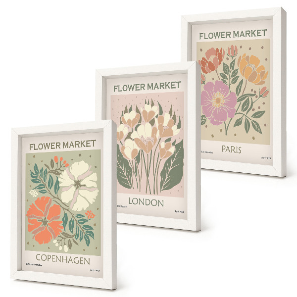 Triptyk tavla med ram Blomsterposters Köpenhamn London Paris