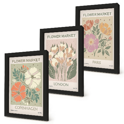 Triptyk tavla med ram Blomsterposters Köpenhamn London Paris