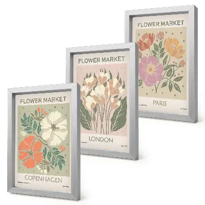 Blomsterposter med motiv från Köpenhamn, London och Paris triptyk med ram