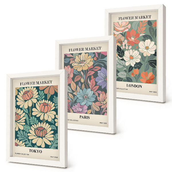 Tavelvägg med 3 tavlor Blomsterposters Tokyo Paris London