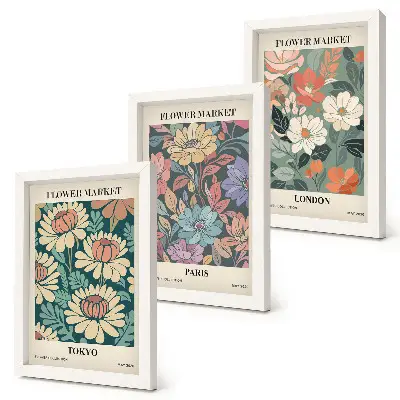 Blomsterposters Tokyo Paris London tavelvägg med 3 tavlor